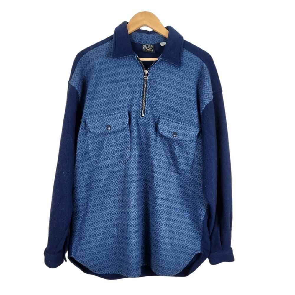 90s Vtg Bugle Boy Quarter Zip Fleece Men's Large Blue Pullover Geo Southwestern